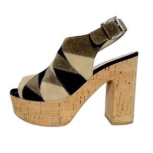 QUEENIE Marc Fisher LTD Cream Black Taupe Suede Patchwork Chunky Cork Platform